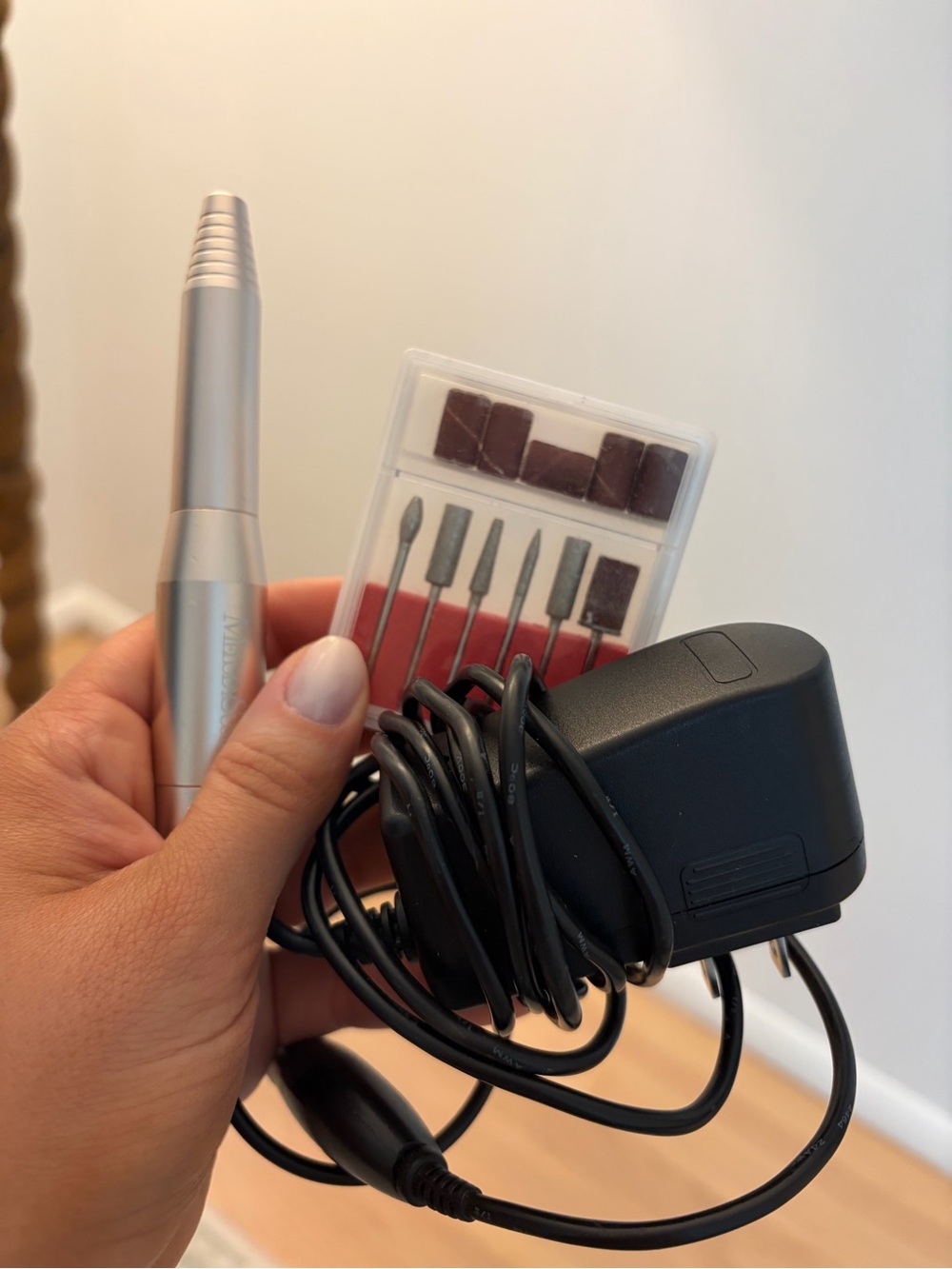 Silver Electric Nail Drill Pen with Black Power Adapter